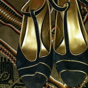 Vintage gold leather & black suede tstrap heel